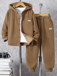 Boys Casual Hooded Sweatshirt & Jogger Pants 2-Piece Set - Long Sleeve, Spring/Autumn Open Front Pockets Top, Suitable For Outdoor & Everyday Wear - Khaki - View 1