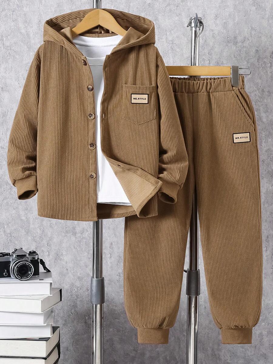Boys Casual Hooded Sweatshirt & Jogger Pants 2-Piece Set - Long Sleeve, Spring/Autumn Open Front Pockets Top, Suitable For Outdoor & Everyday Wear - Khaki - View 1