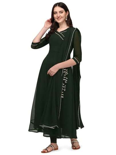 Estationeryhouse Women's Georgette Anarkali Kurta Kurti With Dupatta (Bottoms Not Included) (Dark Green)