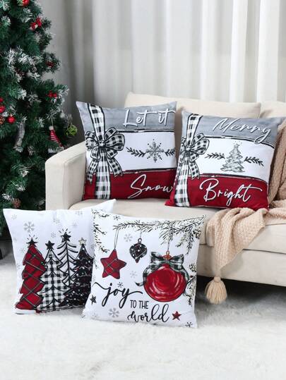 4 piezas Funda de almohada de decoraciones navideñas, funda de almohada con estampado de bolas de Navidad y árboles de Navidad, funda de almohada decorativa con diseño de Feliz Navidad y maravillas invernales, para decoración de sofá, hogar y sala de estar en Navidad, regalos navideños, decoración de fiesta, no incluye relleno de almohada