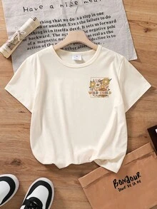 Young Girl Floral & Letter Graphic Casual Short Sleeve T-Shirt - Khaki - View 3