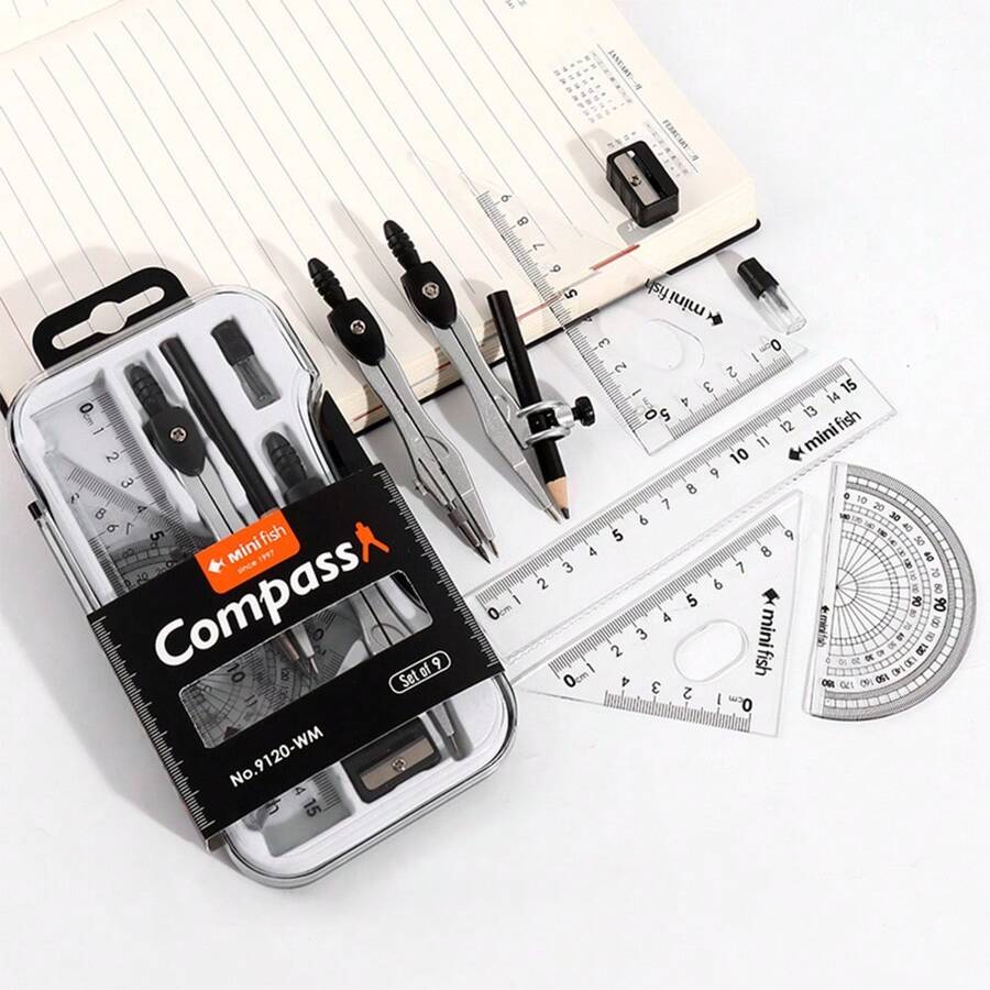 9-Piece Geometry Drawing Tool Set, Including Compass, Protractor, Triangle, Ruler And Pencil Sharpener, Suitable For School And Art Projects, Math Geometry Art Supplies, Student Drawing Tools, School Supplies, Must-Have For School