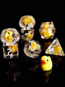 7pcs Transparent Resin Dice With Cartoon Duck Pattern And White Numeric, Suitable For Game Party Supplies