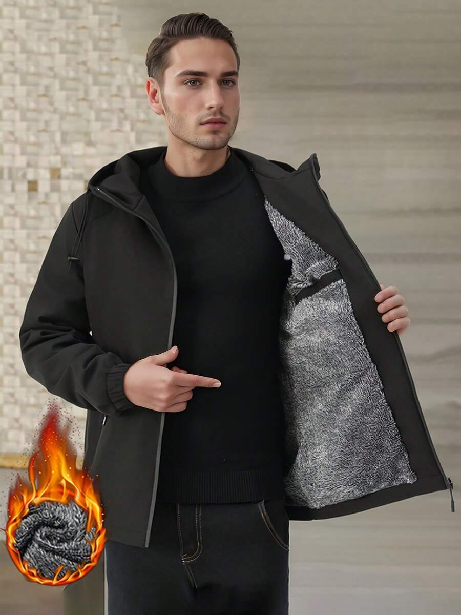 1 件男士保暖内衬夹克，秋冬季休闲连帽外套