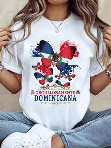 Republica Dominicana Butterfly For Women & Dominican Flag T-Shirt1224 Print T-Shirt Casual Crew Neck Short Sleeve Comfort Tee Top For Spring & Summer Women's Clothing - 白色 - 查看 1