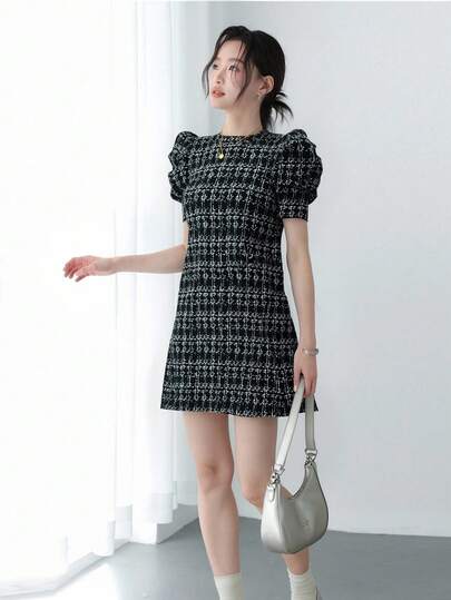 K-Vae Women's Autumn And Winter Black Plaid A-Line Short Dress, Puff Sleeve Dress, Y2K Dress, Airport Dress, Back To School, Halloween