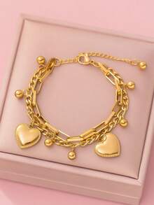 1 Pieza Brazalete vintage de doble capa con forma de corazón para adolescentes, estilo cool y hip-hop, brazalete de cadena con cuentas personalizado - Multicolor - Ver 1