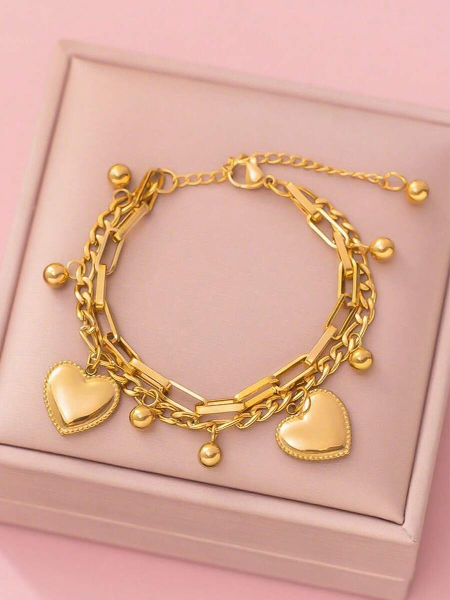 1 Pieza Brazalete vintage de doble capa con forma de corazón para adolescentes, estilo cool y hip-hop, brazalete de cadena con cuentas personalizado - Multicolor - Ver 1