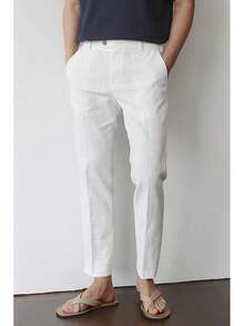 Linen Pants Men Slim Fit Elastic Waistband Lightweight Summer Beach Fashion Casual Pant-20256688 - trắng - Xem 2