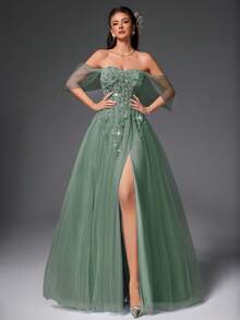 VIPGIRL 绿色露肩薄纱贴花舞会礼服，甜心A字开衩正式晚礼服，女士公主舞会礼服，适合毕业典礼、庆典、婚礼宾客 - 綠色 - 查看 4
