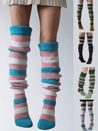 1 Pair Women/Girls Knitted Over-The-Knee Socks, Fashionable Striped Thigh High Stockings, Suitable For Daily Wear, Party, Date And Stage Performance