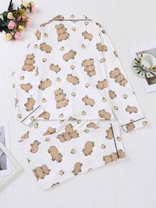 2pcs Autumn/Winter Capybara Print Pajama Set For Women, Comfortable Long Sleeve Lapel Button-Up Shirt With Chest Pocket And Relaxed Elastic Waist Pants, Sleepwear For Holiday Party, Soft Fabric For Casual Outdoor & Indoor Warmth, Fall Clothes - 棕色 - 查看 2