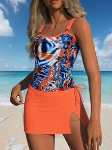 HKGFF-Tankini Orange Red Abstract Printed Micro Split Tie Rope Design, High Grade Leisure Vacation 3pcs Swimsuit For Women Gift