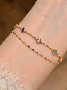 1pc Geometric Faux Pearl Micro-Inlaid Zirconia Tassel Luxurious Copper Gold Color Bracelet For Women, Suitable For Evening Party, Gala, Date, Matching Daily Outfits And Accessories - Gold - View 10