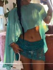 Women's Tops, Solid Color Loose Irregular Short Front And Long Back Thin Tops, Autumn Cover-Up Tops - 藍色 - 查看 1