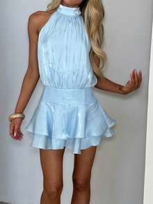 Vestido corto de verano sin mangas con cuello alto y dobladillo con volantes para mujer, corte A, para fiesta - Azul - Ver 2
