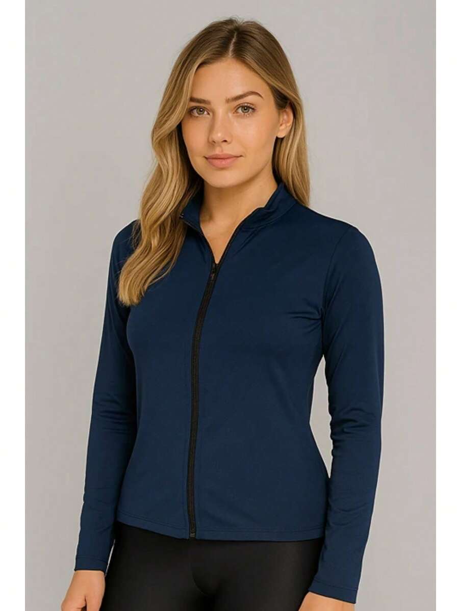 Fit Jacket Training Top UV Sun Protection Running Zipper Slim - Màu xanh hải quân - Xem 1