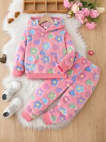 Kleine Mädchen Blumen Flanell Hoodie und Hose Lässig outfit - Pink - Übersicht 2