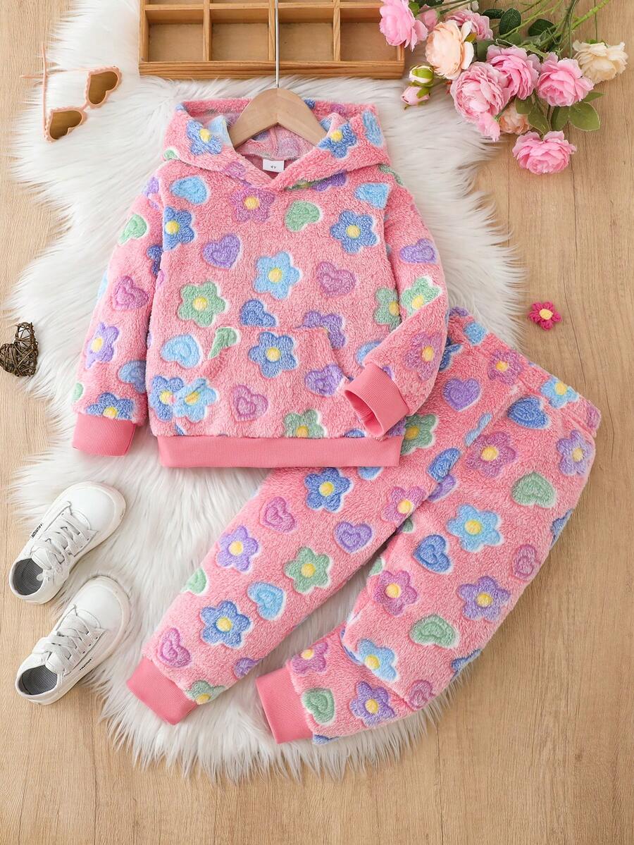 Kleine Mädchen Blumen Flanell Hoodie und Hose Lässig outfit