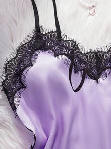 女士撞色蕾丝心形印花吊带背心和短裤睡衣套装 - 彩色 - 查看 5