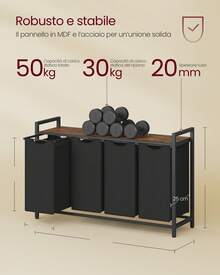 Cesto Portabiancheria, Porta Biancheria, 4 Sacchi in Tessuto Rimovibili, Piano d'Appoggio, Metallo, 4 x 40 L, 116 x 33 x 72 cm, Nero Inchiostro e Marrone Vintage - nero - Visualizzare 5