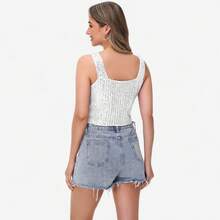 Women's Sequin Square Neck Tank Top With Sleeveless Design And Cropped Fit - Silver - Silver - View 2