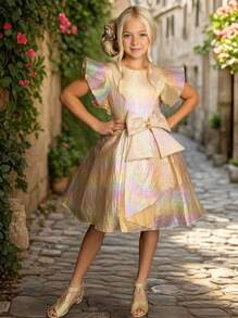 Tween Girl Champagne Gold Bowknot Elegant Dress, For Wedding, Prom, Party, Birthday, Holiday, Summer - Gold - View 1