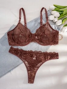 1 Set Women Plus Size Solid Color Lace Underwire Comfortable Bra Set, Lift