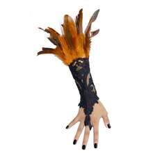 1只女士黑色蕾丝露指羽毛手套，天使/女巫服装配饰，天鹅翅膀腕套，长袖腕套，哥特式万圣节时尚配饰，白色羽毛蕾丝臂套带指环 - 新娘舞会派对服装配饰，优雅哥特式狂欢手套