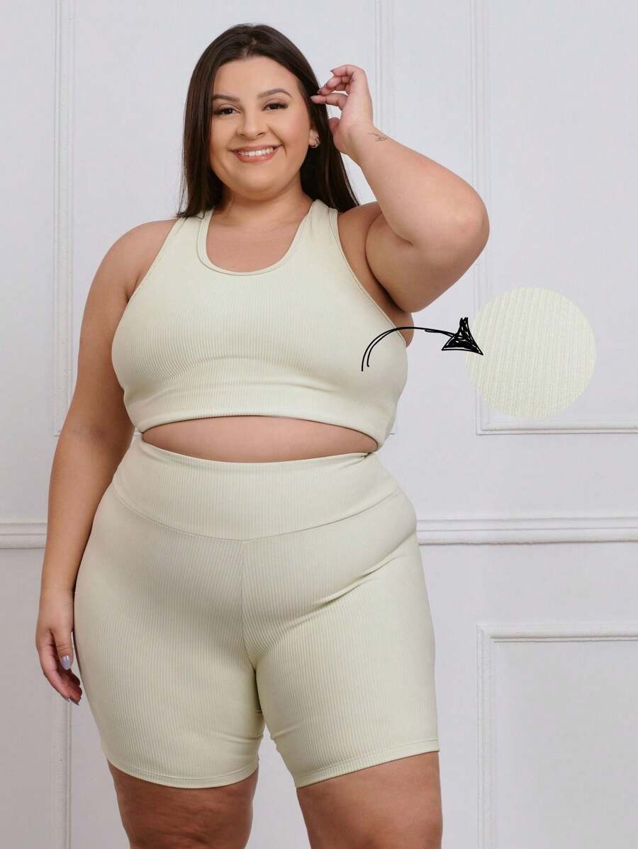 Conjunto Canelado Fitness Plus Size Bermuda + top 11241/11242 - Bege - Visão 1