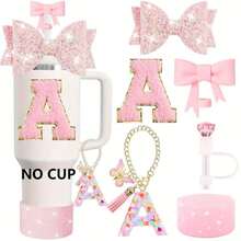 Bộ phụ kiện cốc màu hồng 6 món, tương thích với cốc có tay cầm 30oz và 40oz, bao gồm mặt dây chuyền chữ cái, nơ và ống hút đính đá, ống bọc silicon lấp lấp, và nhãn dán trang trí cốc cá nhân hóa. - Nhiều màu - Xem 1