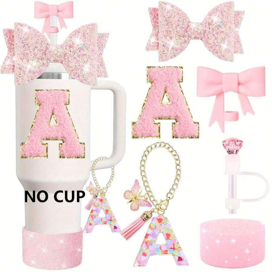 Bộ phụ kiện cốc màu hồng 6 món, tương thích với cốc có tay cầm 30oz và 40oz, bao gồm mặt dây chuyền chữ cái, nơ và ống hút đính đá, ống bọc silicon lấp lấp, và nhãn dán trang trí cốc cá nhân hóa. - Nhiều màu - Xem 1