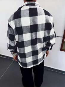 男士长袖休闲格子外套，时尚百搭简约风格，秋季款 - 黑與白 - 查看 6