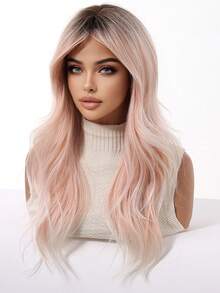 24 英寸大波浪假发，粉色渐变色，女士合成假发，时尚度假风格玫瑰网帽，耐热，外观自然
