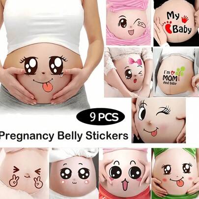 9 naklejek na brzuch ciążowy, zabawne naklejki ciążowe z mimiką twarzy, urocze naklejki na brzuch dla kobiet w ciąży, dekoracja do kąpieli dla niemowląt, prezent wielkanocny dla dziewczynek/chłopców
