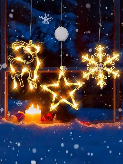 3 件暖黄色圣诞窗灯 - 圣诞装饰，LED 吸盘灯带圣诞铃铛，小鹿形，五角星形，雪花形，7.8 * 6.3 英寸，电池供电，适用于室内和室外圣诞树、壁炉、窗户、房间装饰、圣诞装饰、圣诞家居装饰、圣诞礼物、圣诞树装饰、圣诞树圣诞饰品（不含电池）。