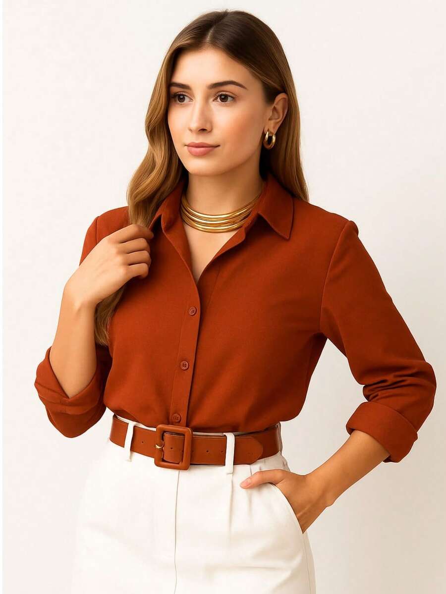 Fiminina Long Sleeve Plain Dress Shirt With Buttons On The Front Simple Buttons On The Front Button - 瓦 - 查看 1