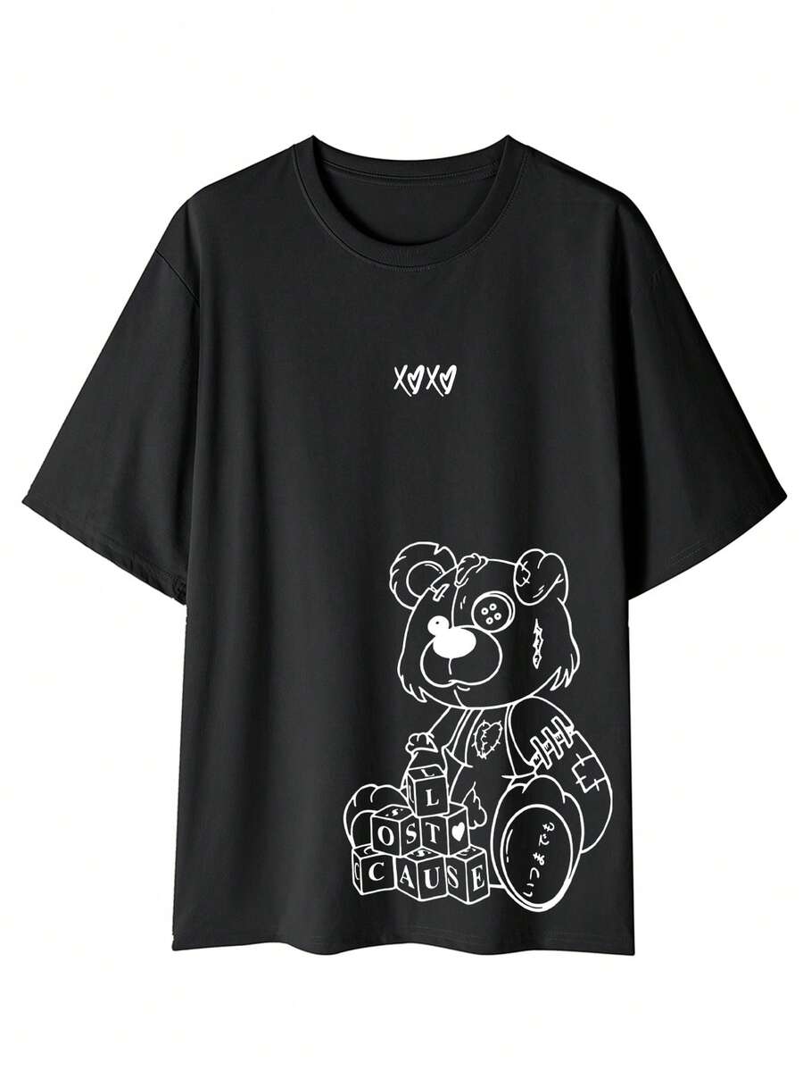 男士夏季休闲自行车和字母印花圆领短袖T恤 - 黑色 - 查看 1