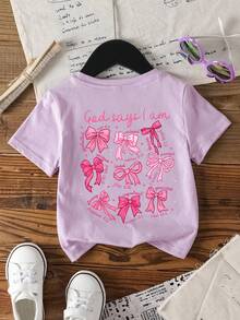 Áo thun ngắn tay cổ tròn in hình nơ hoạt hình cho bé gái, trang phục thường ngày mùa xuân/hè. - Màu tím - Xem 1