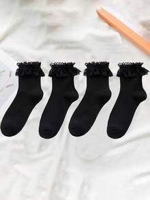 4 双女士黑色蕾丝边中筒袜，休闲学院风居家旅行袜，秋季袜子 - 黑色 - 查看 8