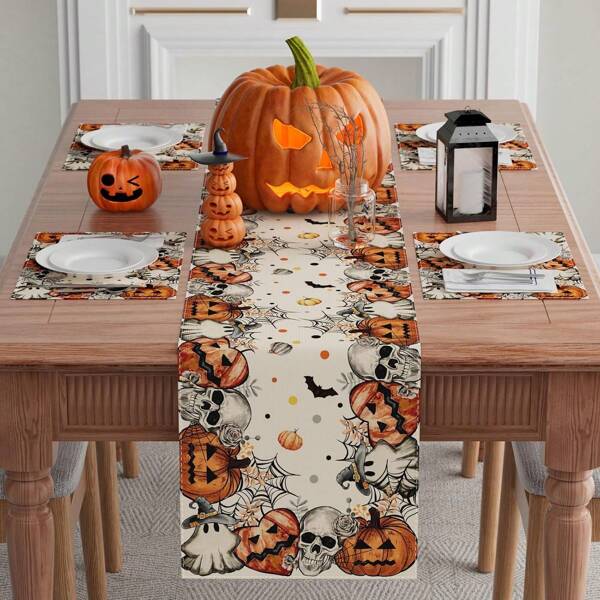 1 pieza Camino de mesa de Halloween con patrones de fantasma, calavera y calabaza, decoración de mesa de comedor para el hogar, la cocina, el restaurante y fiestas