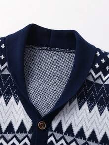 Boys & Teens' Geometric Pattern Contrast Collar Knit Cardigan Sweater, Suitable For School, Everyday Wear, Spring, Autumn, Winter - Navy Blue - View 3