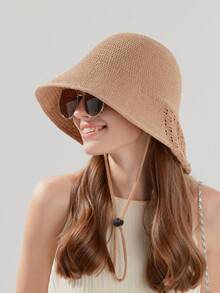 1pc Women Summer Knitted Hollow Bucket Hat, Fisherman Sun Hat With Letter Pattern, Suitable For Summer Outdoor, Random Style - MZ1572 - View 4