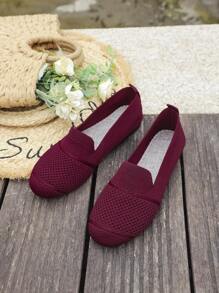 Women's Knitted Flat Mesh Sneakers, Round Toe Casual Slip-On Shoes, Comfortable Mother Shoes For Daily Walking