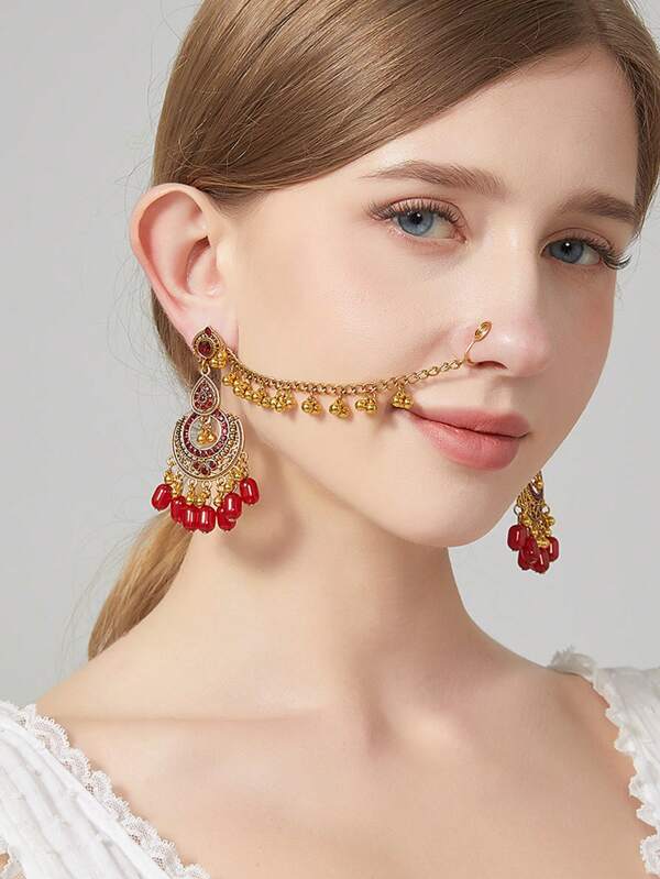 1 par de brincos de borla coloridos e elegantes com contas e piercing no nariz, estilo sul-asiático elegante, adequado para ocasiões formais, acessórios de festa, presente de Natal feminino, roupa de praia