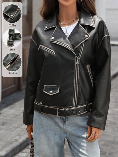 Women's Faux Leather Jacket Oversized Y2K Vintage Long Sleeve Belt Biker Bomber Coat Outwear