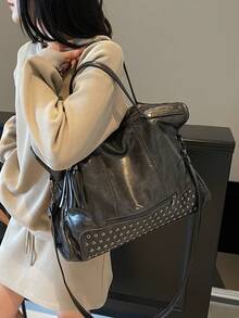 复古时尚大容量铆钉流苏百搭手提包 - 咖啡 - 查看 8