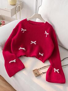 Girls & Teens' Elegant Flare Sleeve Bow Decor Short Knit Pullover Sweater, Suitable For Daily, Vacation, Spring, Autumn, Winter