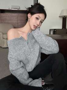 Cardigan Rajut Bergaya Retro Korea dengan Resleting, Jaket Sweater Bahu Terbuka, Estetika Yunani, Potongan Ramping Kelas Atas - Grey - View 5