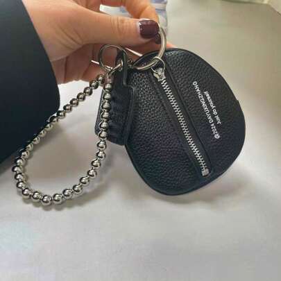 1pc Black PU Leather Keychain Pouch With Fashionable Silver Bead Chain Decor, Mini Multipurpose Pouch, Thoughtful Holiday Gift